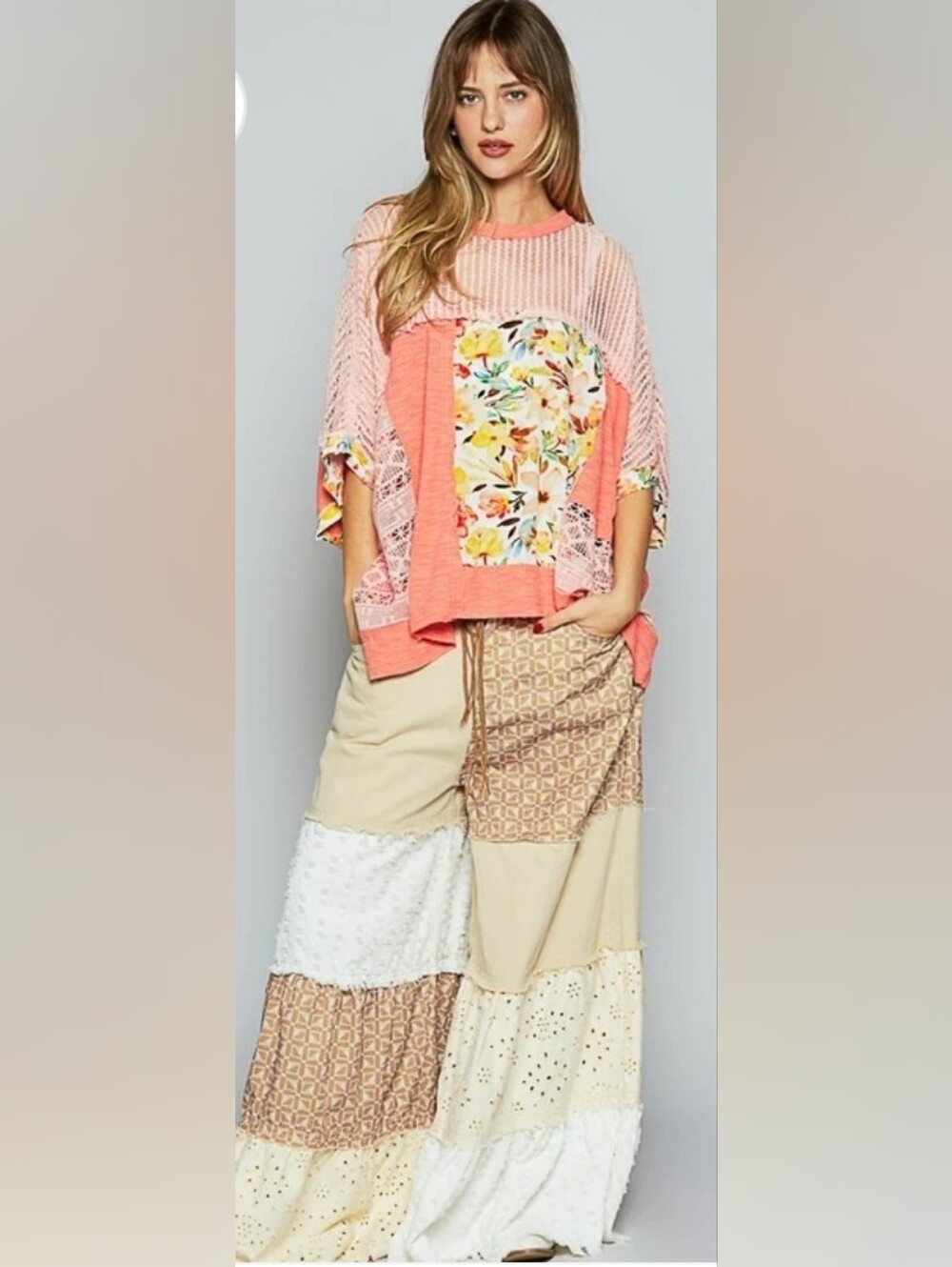 POL Hollow Out Half Sleeve Floral Patch Knit Top